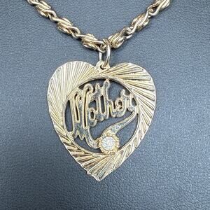 Vintage Filigree Etched MOTHER Heart Rhinestone Pendant Snail Chain Necklace